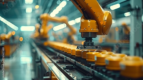 Industrial Robotic Arm Assembling Products on Conveyor Belt