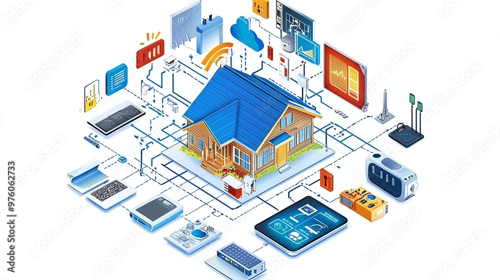 Illustration of a smart home ecosystem with devices connected to the cloud, showcasing modern technology integration. Illustration of a smart home ecosystem with devices connected to the cloud, showcasing modern technology integration.