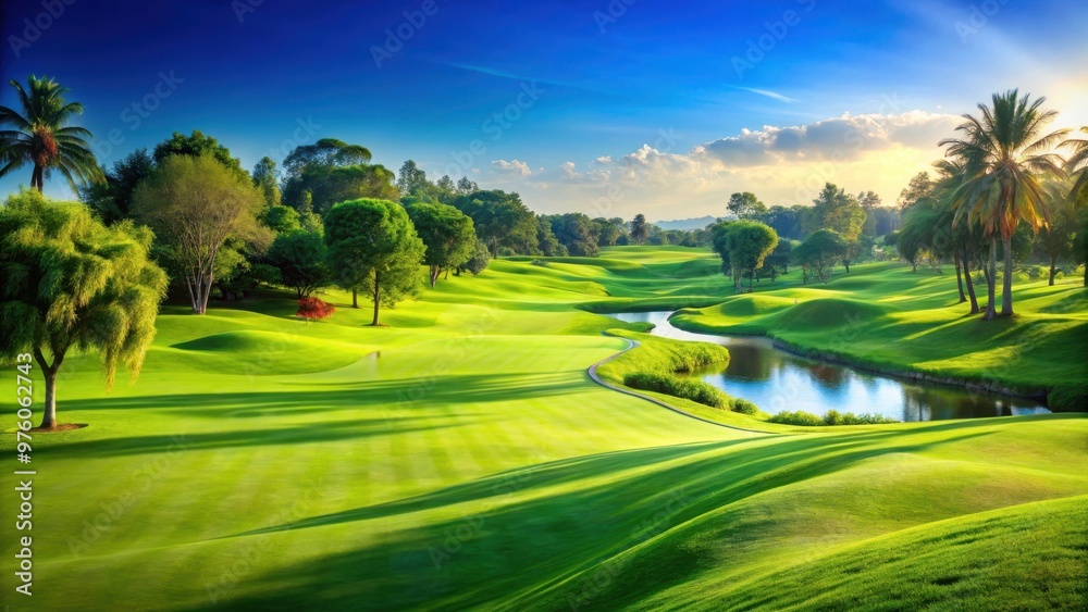 Golfing on a lush green course, with a clear blue sky above Golfing on a lush green course, with a clear blue sky above