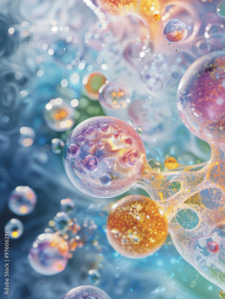 Colorful abstract macro image of cells with vibrant bubbles and intricate details Colorful abstract macro image of cells with vibrant bubbles and intricate details