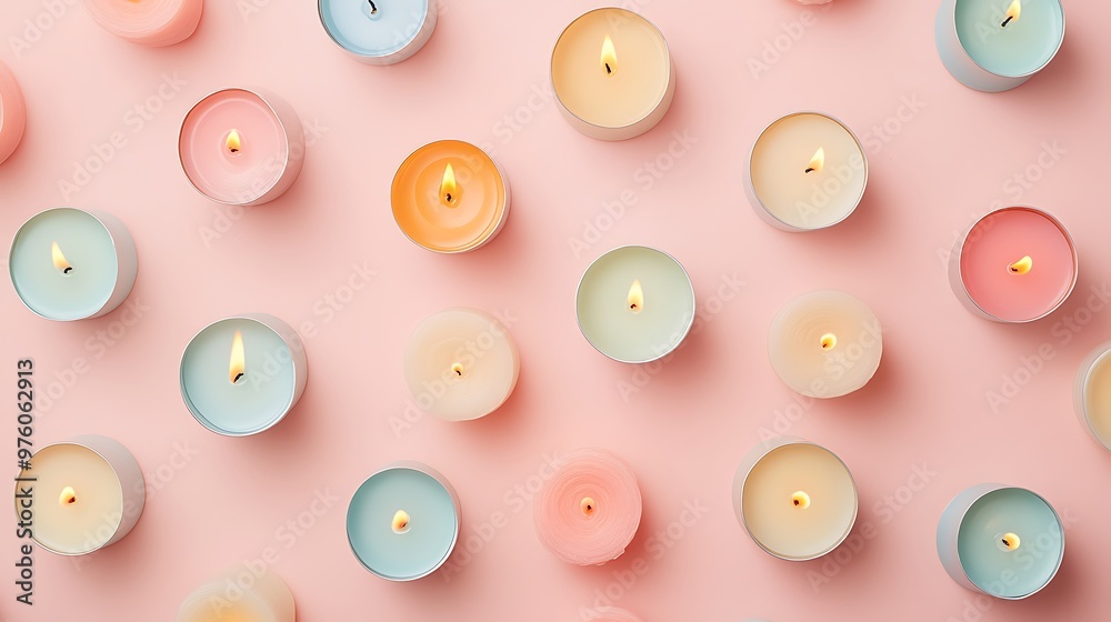 Symmetrical Minimalist Flat Lay Pattern of Various Sizes and Colors Candles on Soft Pink Background Symmetrical Minimalist Flat Lay Pattern of Various Sizes and Colors Candles on Soft Pink Background