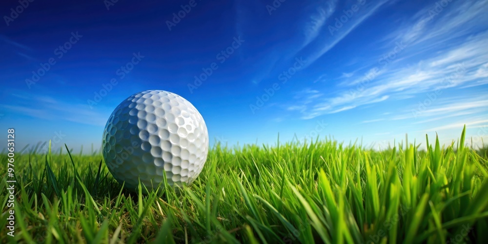 conceptual golf ball on lush green grass under a clear blue sky conceptual golf ball on lush green grass under a clear blue sky