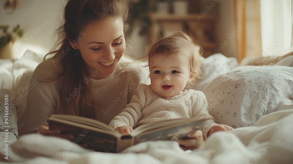 Happy young caucasian mom holding book reading stories to her kid Happy young caucasian mom holding book reading stories to her kid