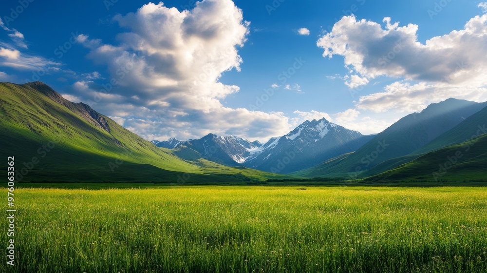 A breathtaking view of a majestic mountain range, its snow-capped peaks reaching towards a bright blue sky. A vibrant green meadow stretches out in the foreground, bathed in warm sunlight. The image A breathtaking view of a majestic mountain range, its snow-capped peaks reaching towards a bright blue sky. A vibrant green meadow stretches out in the foreground, bathed in warm sunlight. The image