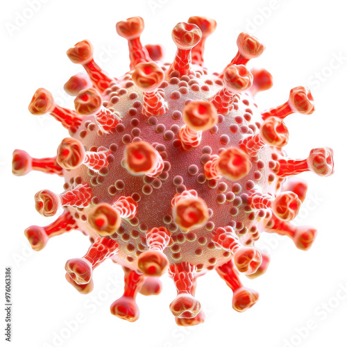 Close-up view of a coronavirus particle highlighting its structure, spike proteins, and color details in a scientific context photo