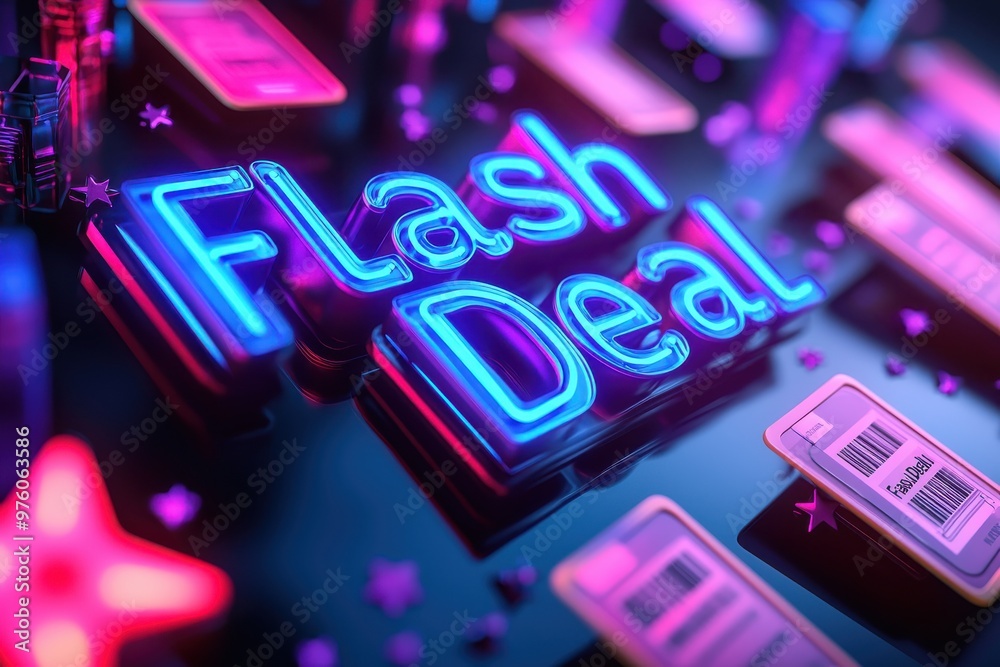 Glowing neon sign for 'Flash Deal' with abstract sparkling effects, concept of sale, discount, special offer Glowing neon sign for 'Flash Deal' with abstract sparkling effects, concept of sale, discount, special offer