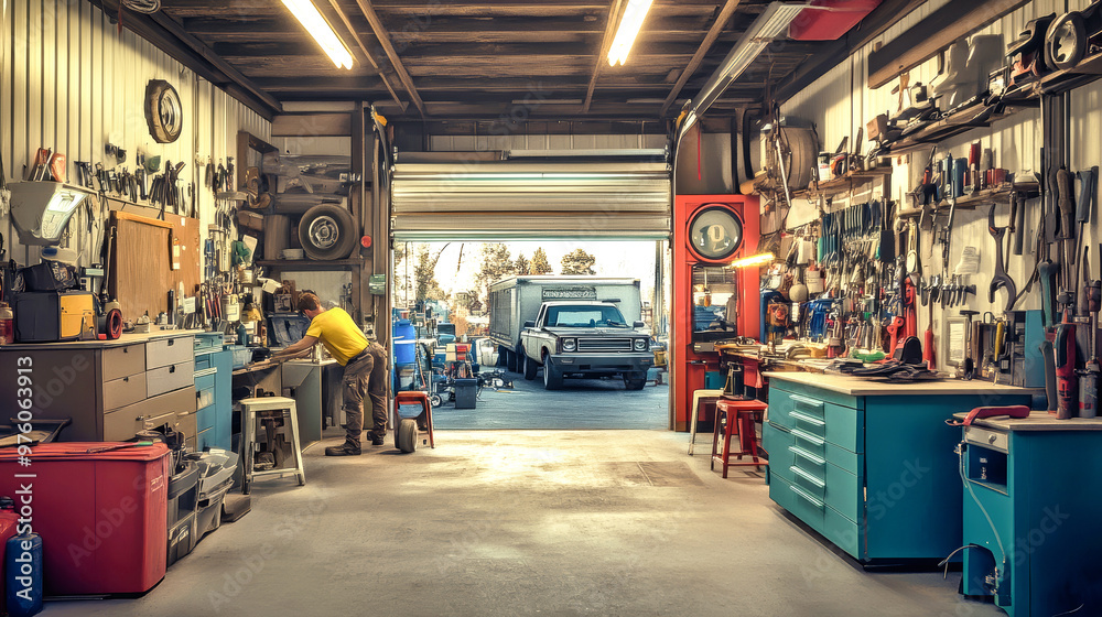 In a vibrant auto repair shop, mechanics skillfully attend to vehicles, surrounded by an eclectic mix of tools and equipment, all bathed in warm light
