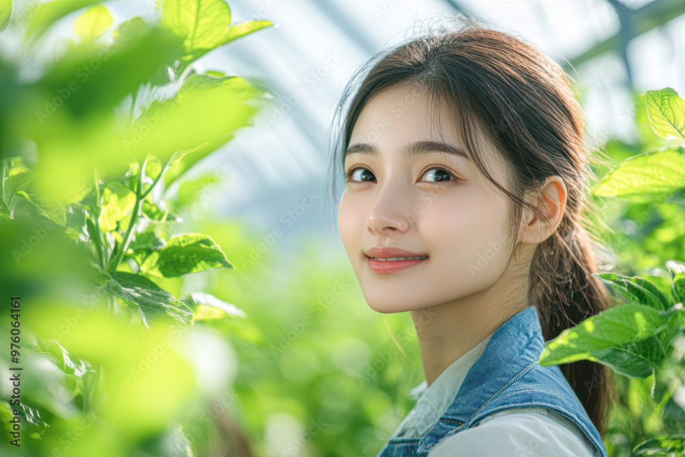 A woman is standing in a field of green plants A woman is standing in a field of green plants