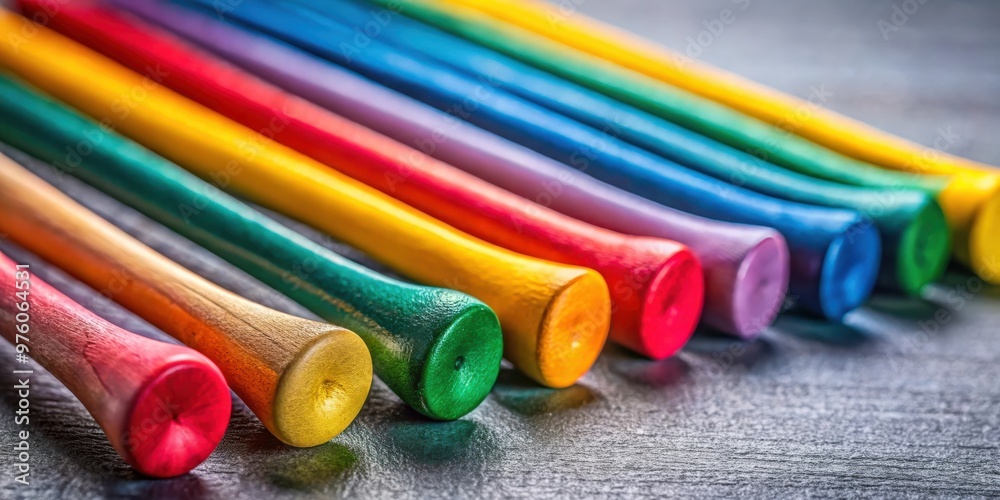 Closeup of vibrant and colorful wooden golf tees arranged in a row on a textured surface Closeup of vibrant and colorful wooden golf tees arranged in a row on a textured surface
