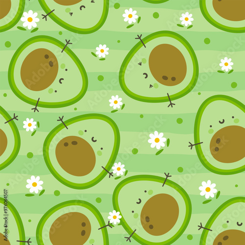 Avocado food cute hand drawn with flowers, kids green seamless pattern background