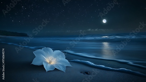 Tranquil Beach Scene with Giant Moonflower Blooming under Starry Sky - Surreal and Mystical Hyper-Realistic Landscape Photo Inspiring Calm and Wonder photo