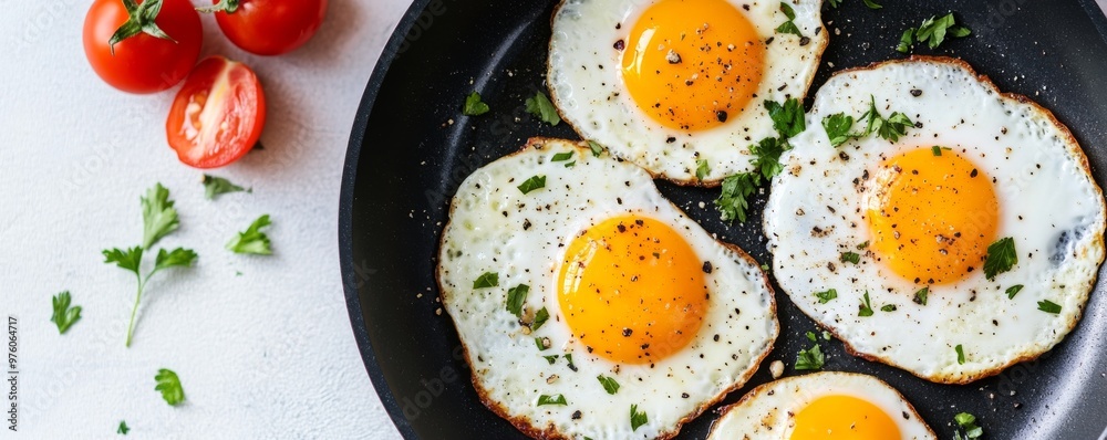 Fried eggs in a skillet with fresh herbs and tomatoes, breakfast concept