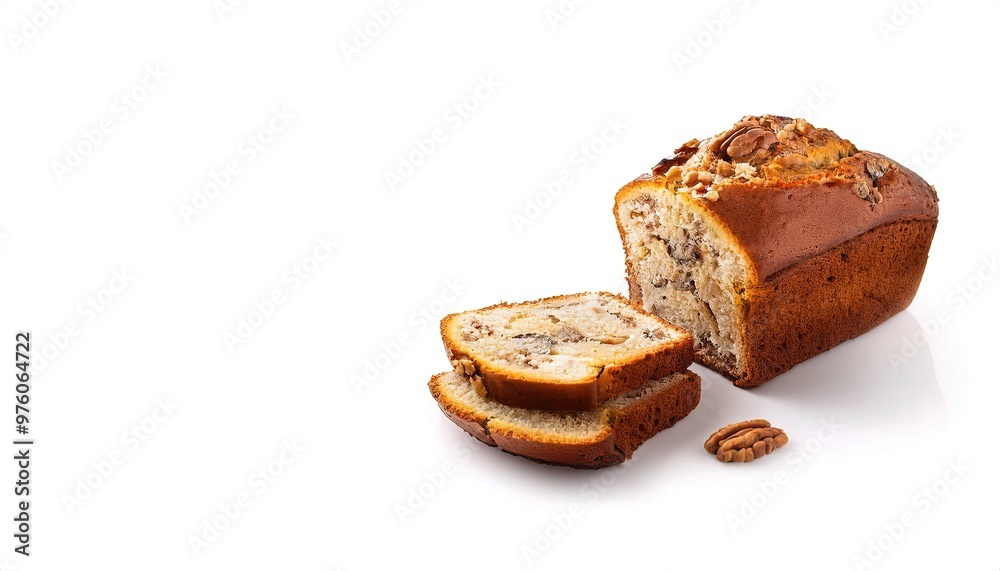 Homemade gluten free banana bread with walnuts and honey cut into appetizing slices isolated on white background with copy space. Commonly served with butter. closeup view Homemade gluten free banana bread with walnuts and honey cut into appetizing slices isolated on white background with copy space. Commonly served with butter. closeup view
