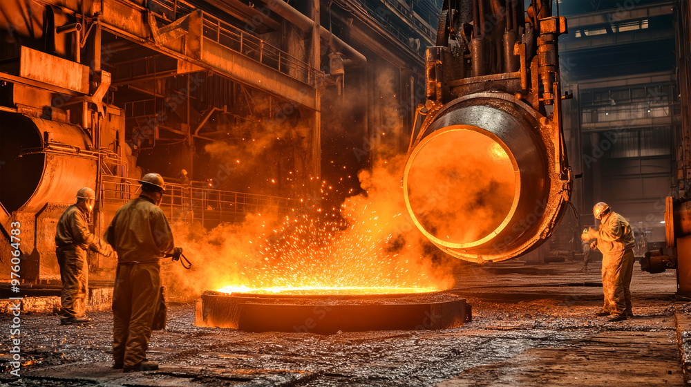 Molten iron flows from ornate cauldrons into massive molds, as skilled workers navigate the glowing steel foundry filled with heat and sparks
