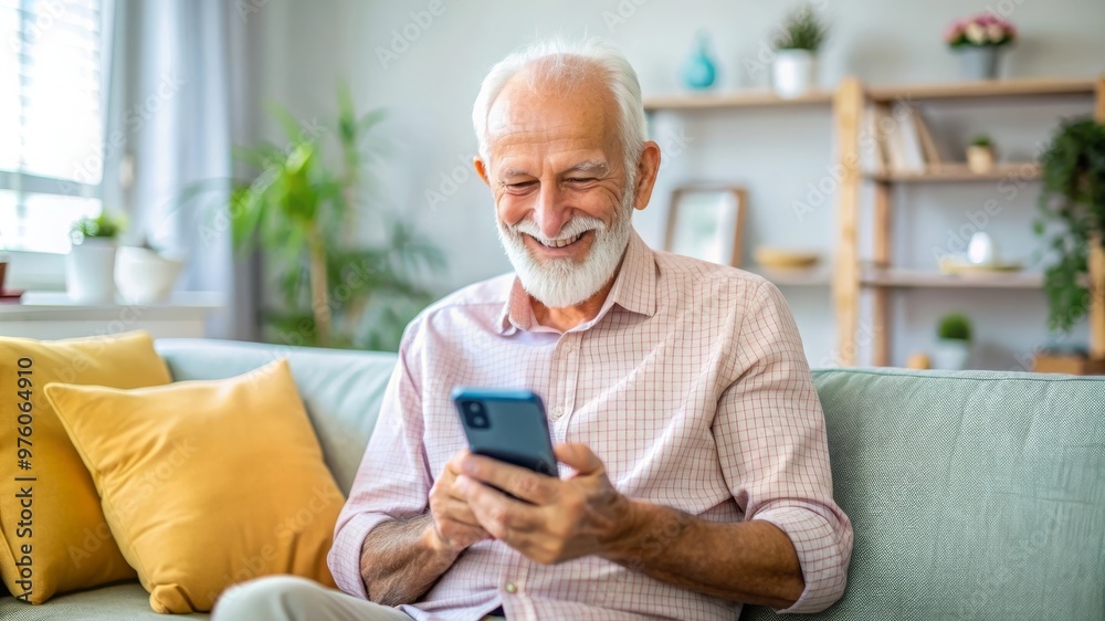 Happy Grandpa Using Smartphone in Living Room, Enjoying Social Media and Videos Happy Grandpa Using Smartphone in Living Room, Enjoying Social Media and Videos