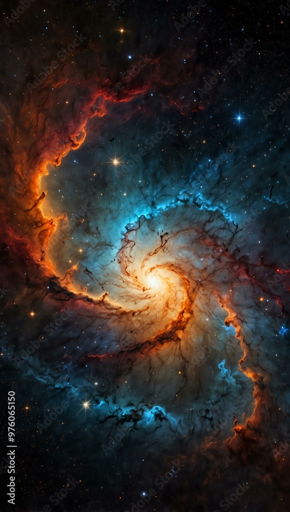 Cosmic nebula with red, orange, and blue swirls illuminated by distant stars. Cosmic nebula with red, orange, and blue swirls illuminated by distant stars.