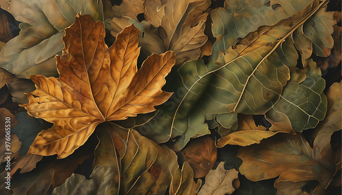 Solitude of withered leaves, charm of autumn colors, detailed view of plants. photo