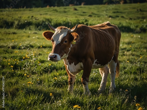 Cow grazing in a meadow.