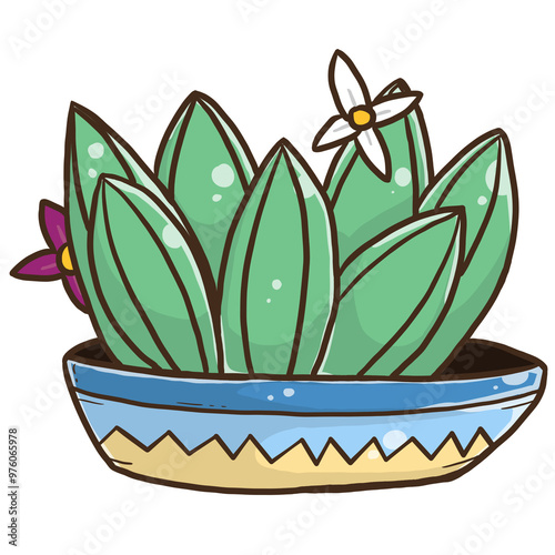 Flower and cactus in decorative pots with green leaves, capturing the essence of nature and beauty in a vibrant illustration