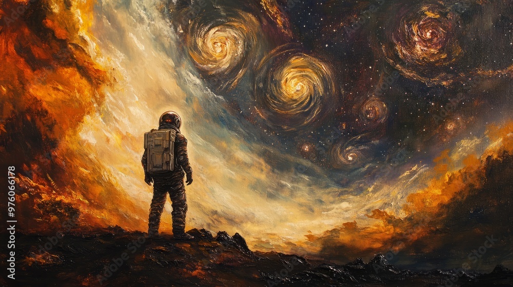 Obraz premium A lone astronaut gazes up at the vastness of space.
