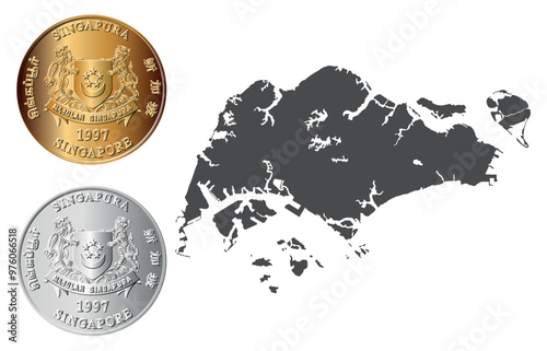 Vector Singapore money, obverse of golden and silver Singapore cent coin. Singapore money isolated on the background of a map of the Singapore. Vector illustration.