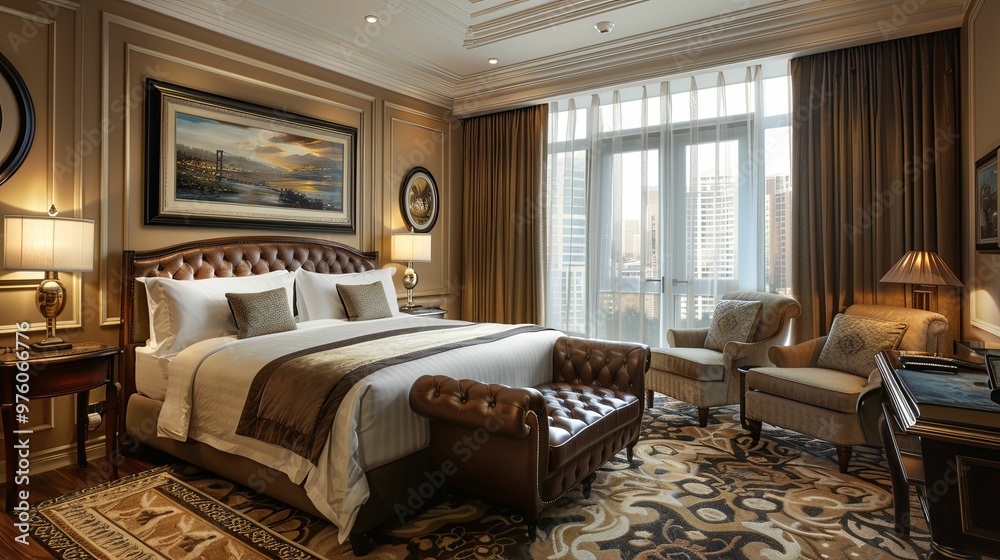 Luxurious Hotel Suite with a King-Sized Bed, Leather Furniture, and City Views Luxurious Hotel Suite with a King-Sized Bed, Leather Furniture, and City Views