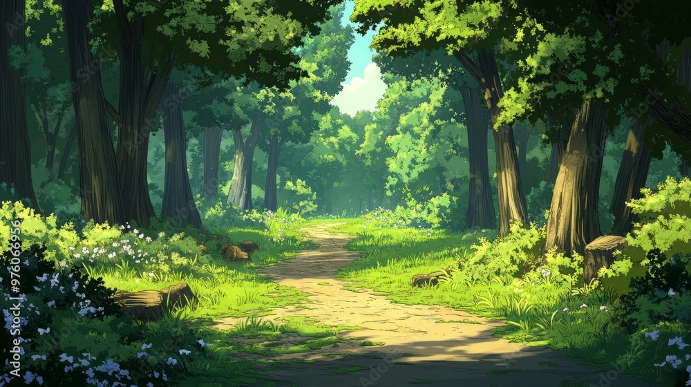 Naklejka premium A lush green forest path leads into the unknown.