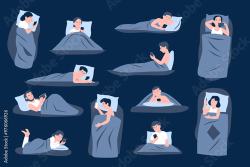 Night with phone. People in bed with smartphones. Online communication, talking, scrolling news ribbon. Insomnia and sleep disorder recent vector set