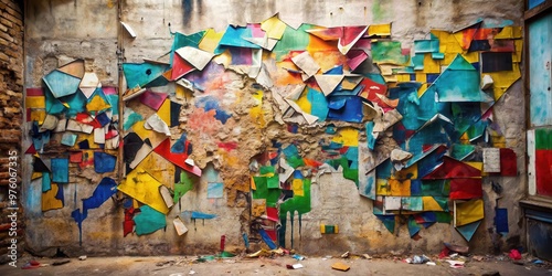 Abstract graffiti collage featuring paper pieces and words painted on a wall in a grunge style