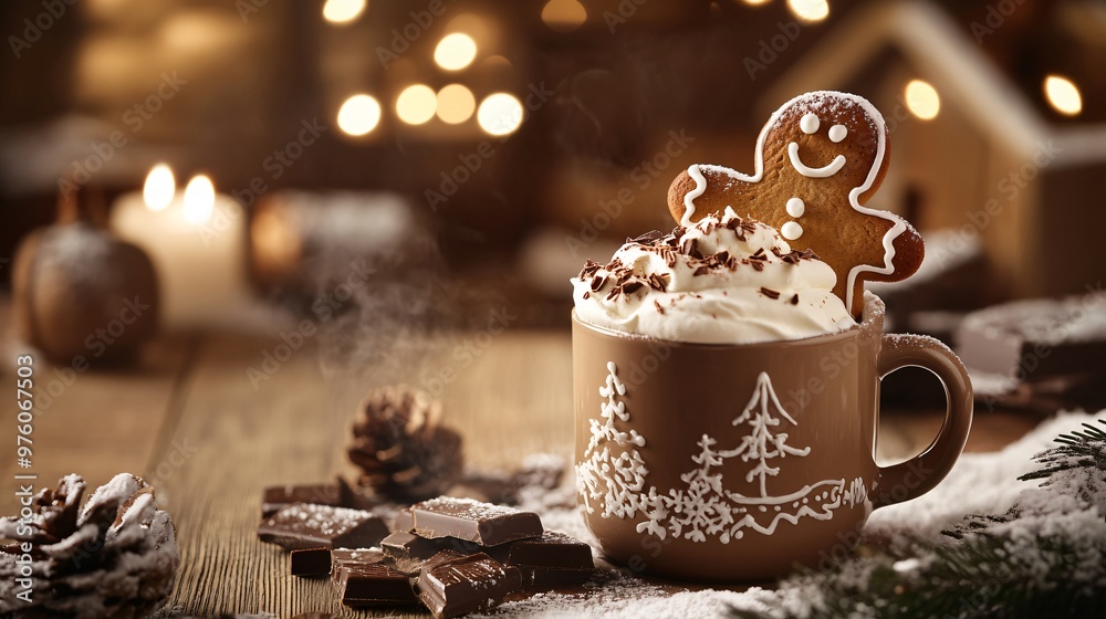 A gingerbread man floating in a mug of steaming hot cocoa, with whipped cream and chocolate shavings, set against a background of a cozy winter cabin A gingerbread man floating in a mug of steaming hot cocoa, with whipped cream and chocolate shavings, set against a background of a cozy winter cabin