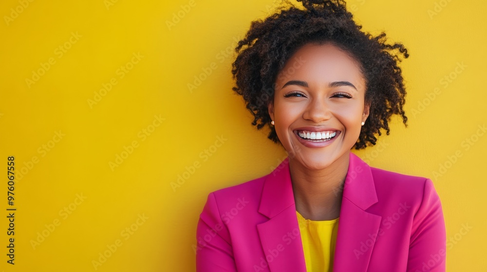 Woman in a pink blazer smiles brightly against a yellow wall. Woman in a pink blazer smiles brightly against a yellow wall.