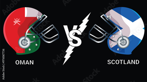 Oman vs Scotland 3D Illustration vector flags over cricket Helmet for Versus Match with Black Background