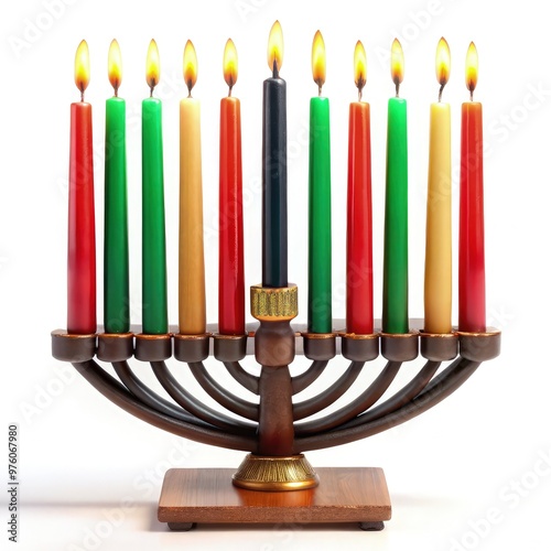 Kwanzaa kinara with colorful candles displayed against a white background. Generative AI photo