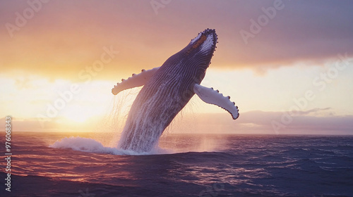 Humpback Whale Breaching at Sunset