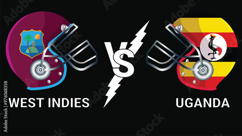 West Indies Vs Uganda 3D Illustration vector flags over cricket Helmet for Versus Match with Dark Background
