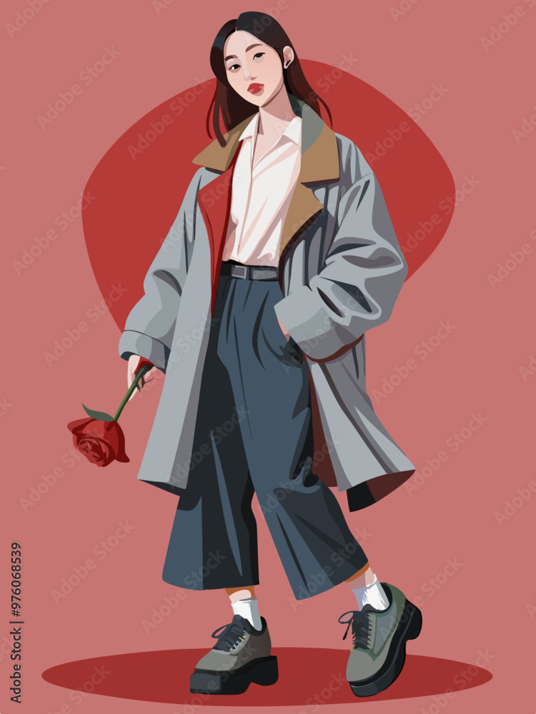 Korean Stylish Female Model Holding a Rose - Elegant Vector Illustration of Asian Fashion and Floral Beauty
Korean Stylish Female Model Holding a Rose - Elegant Vector Illustration of Asian Fashion and Floral Beauty