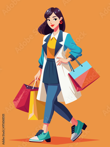 Korean Stylish Female Model with Shopping Bags, Fashionable Outfit, Vector Illustration 