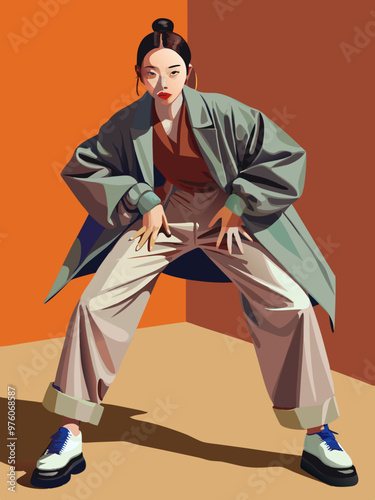 Korean Stylish Female Model Posing in Studio, Elegant Fashion Illustration