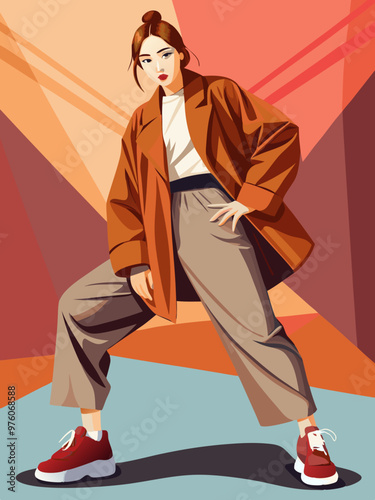 Korean Stylish Female Model Posing in Studio, Elegant Fashion Illustration