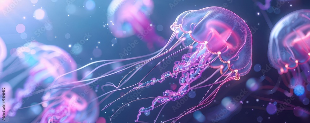 Close-up of a glowing pink jellyfish with tentacles in the ocean. Close-up of a glowing pink jellyfish with tentacles in the ocean.