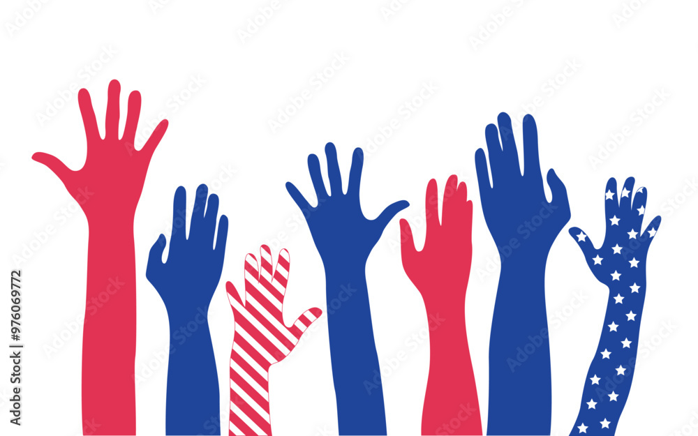 Fototapeta premium Colorful hands of crowd in air in a vote event. Vote day. Hands calling to election voting.