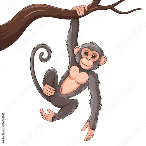 Adorable Cartoon Monkey Hanging from Tree Branch – Chimpanzee, Ape Vector illustration