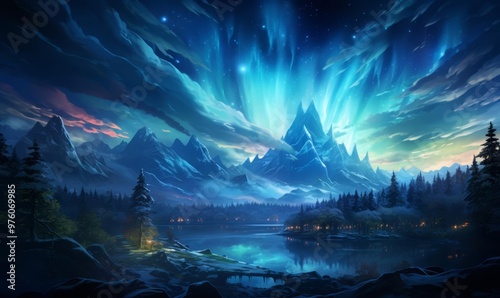 A magical illustration of a night sky with a blue aurora