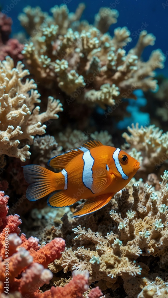 Curious orange fish with white stripes and blue fins amidst vibrant coral. Curious orange fish with white stripes and blue fins amidst vibrant coral.