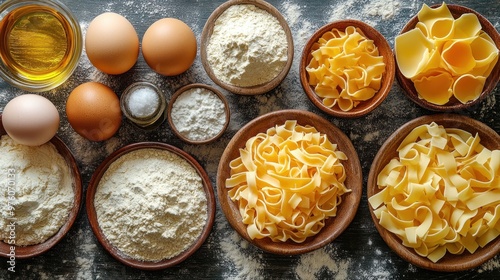 Ingredients for pasta preparation on a wooden surface. photo