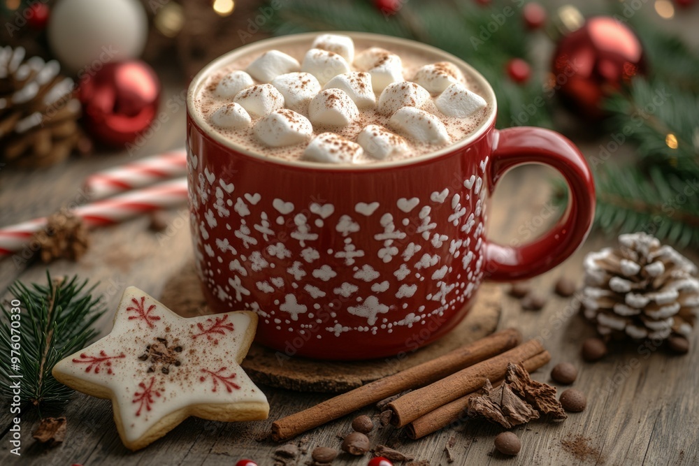 hot cocoa with marshmallows, surrounded by candy canes and Christmas decorations