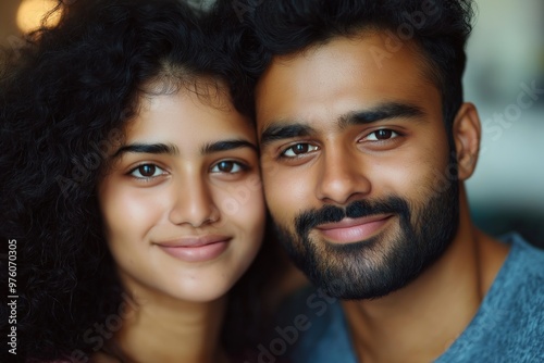 A close-up portrait of a young Indian or Pakistani couple wearing casual t-shirts, with a blurred background.