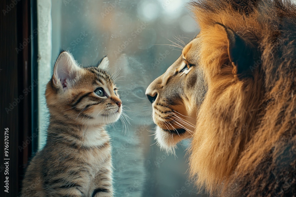Naklejka premium A cute kitten looking in the mirror and seeing an elegant lion reflection