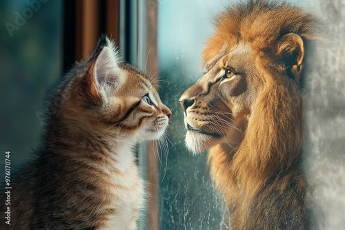 Wallpaper Mural A cute kitten looking in the mirror and seeing an elegant lion reflection Torontodigital.ca