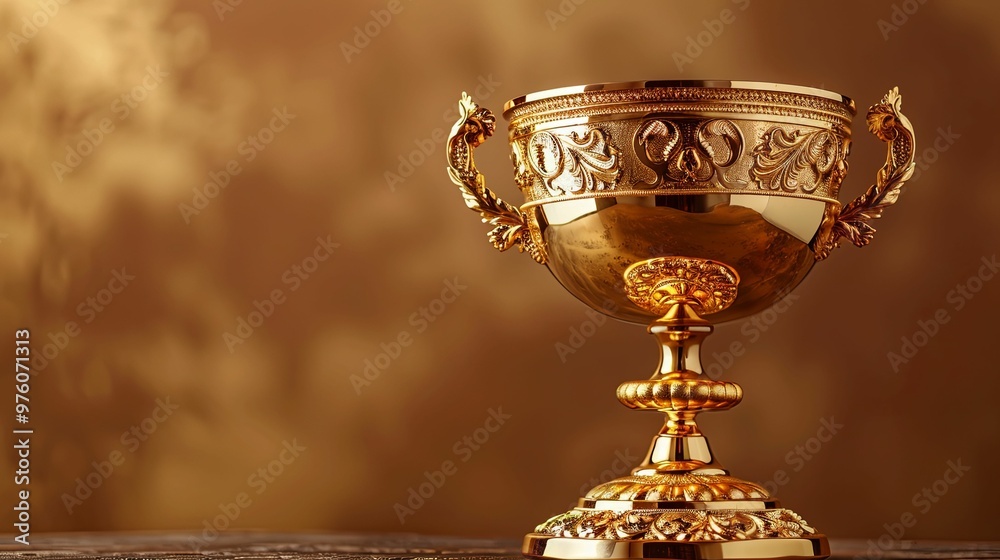 Ornate Golden Trophy on Wooden Surface with Blurry Brown Background Ornate Golden Trophy on Wooden Surface with Blurry Brown Background
